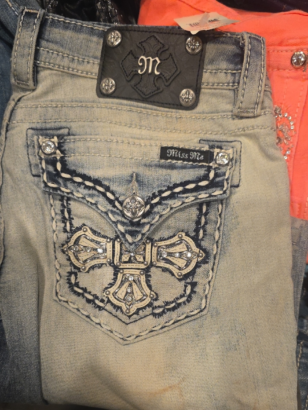 Miss Me Light Wash Embellished Jeans with Rhinestone Cross